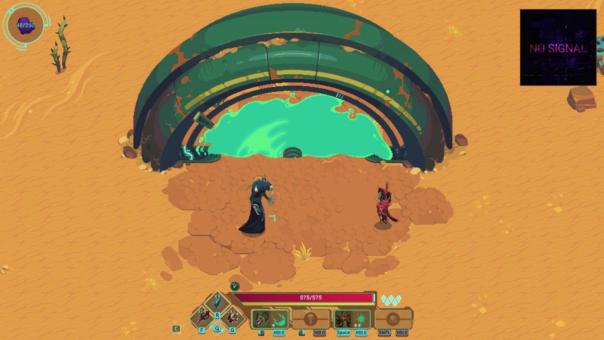 A screenshot of Undungeon showing the protagonist, Void, standing in a desert in front of what looks like some kind of portal; it is a green semi-circle of metal, with a blue green field of light inside it. Opposite Void is a shorter figure wrapped in red robes.