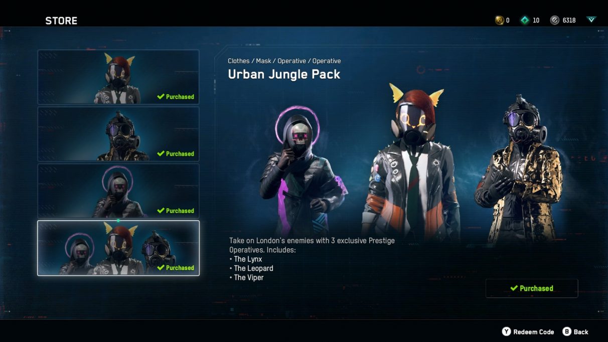 Unique operatives in the Watch Dogs: Legion microtransaction store.