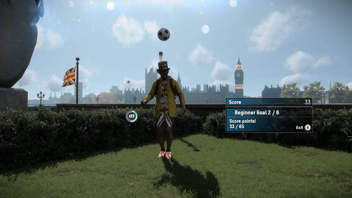 The jingoistic war clown plays football with himself; the Houses of Parliament are in the background