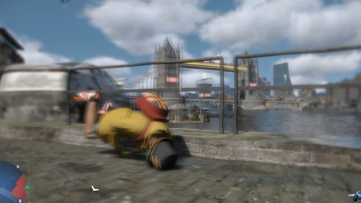 The sad battle jester falls face-first into the cobbles, as his car plunges into the Thames behind him