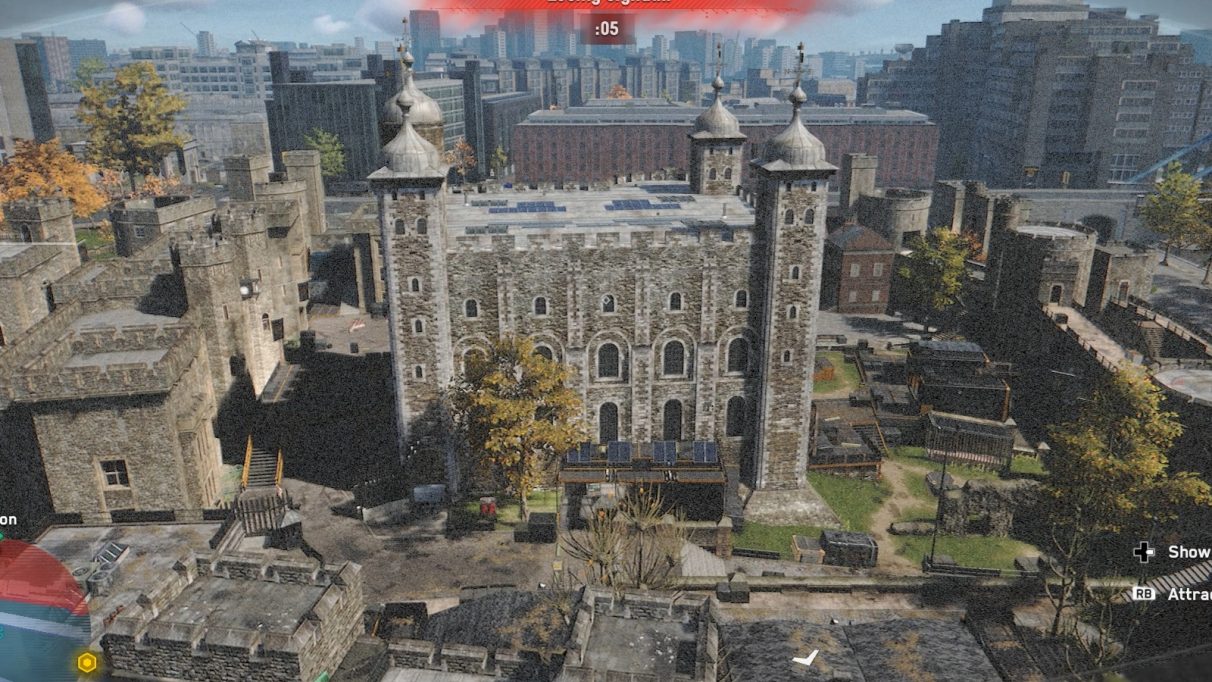 High angle drone photo of the Tower of London; there are no ravens