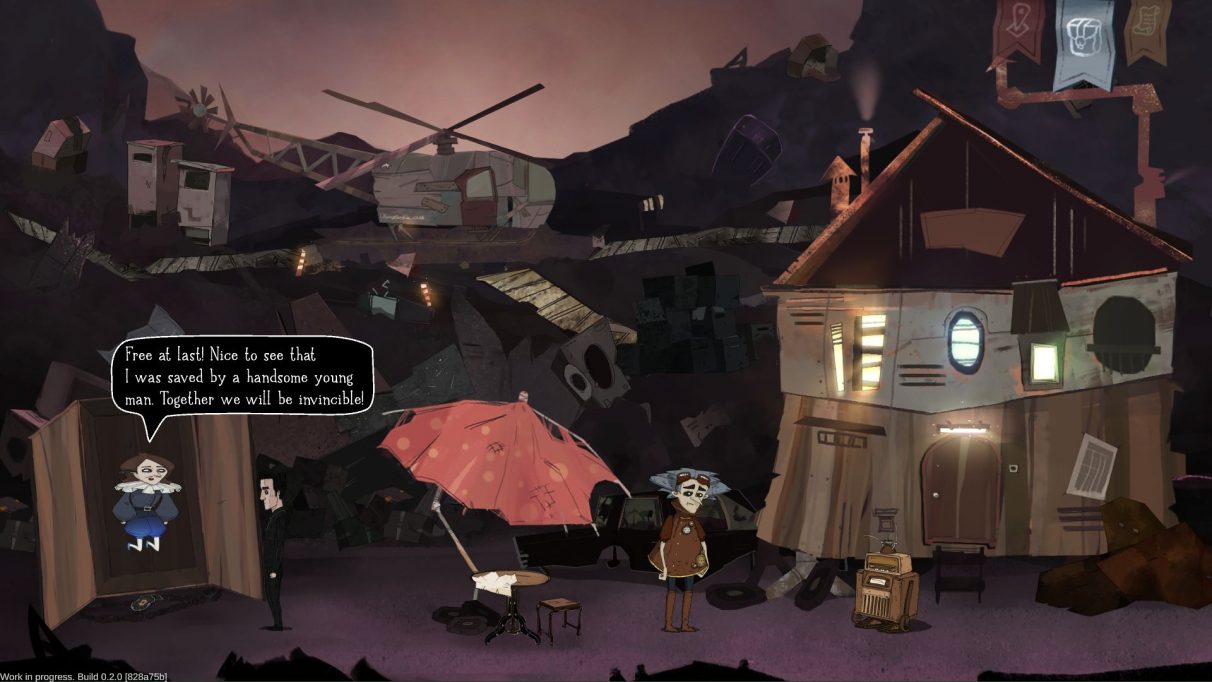 A screenshot from Whateverland showing protagonist Vincent (a young-ish white man dressed all in black, with black hair and smudged black makeup around his eyes) having just released another man from a wardrobe. This second man looks vaguely Elizabethan, and is floating in mid air. They appear to be in a rubbish tip. On the other side of the screen, a third man who has the wild grey hair and flying goggles of an eccentric scientist stereotype, is standing next to a ramshackle house looking a bit folorn.