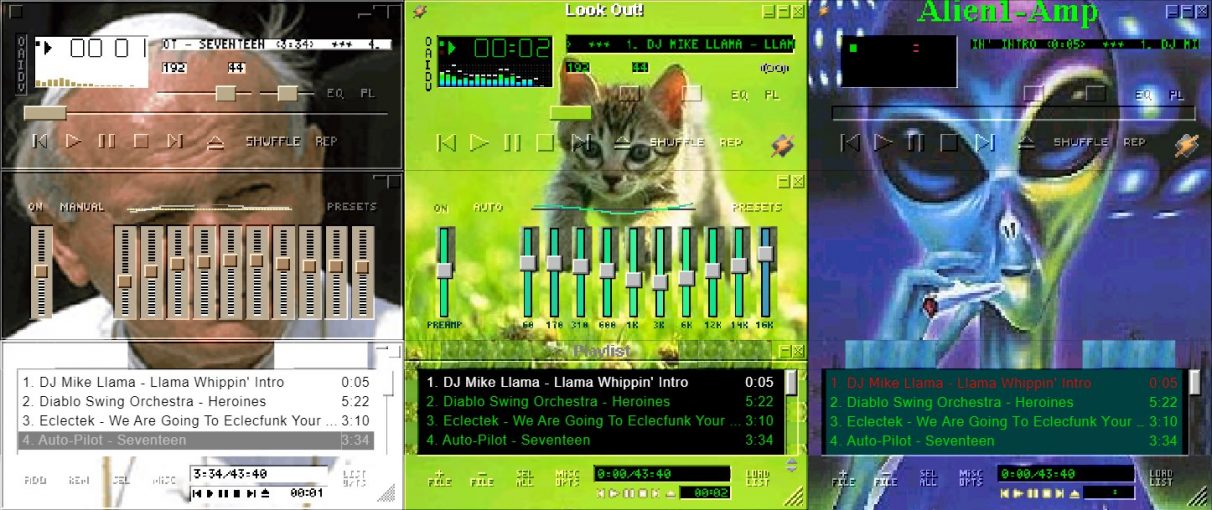 The Pope, a kitten, and an alien smoking dope in some silly Winamp skins.