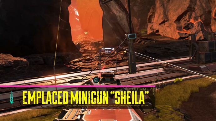 Una captura de pantalla de Rampart apuntando hacia las vistas de Sheila, su Minigun Definitiva.