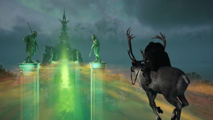 Havi riding across the Bifrost in Assassin’s Creed Valhalla