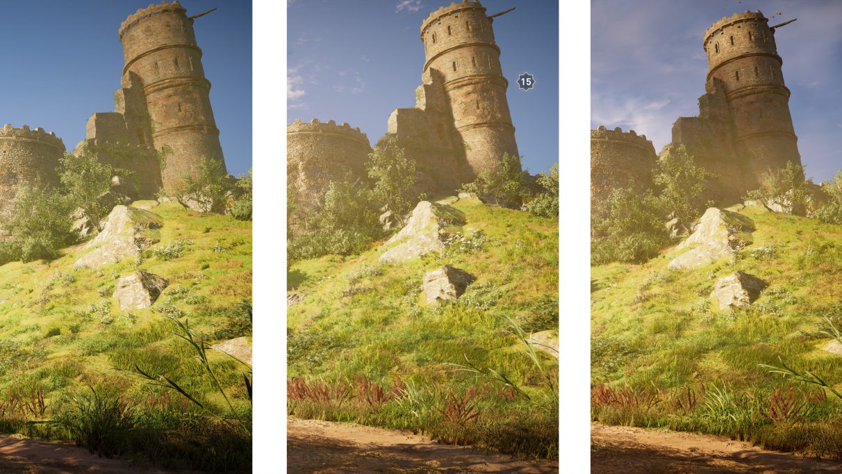 Close-up screenshots of a castle hillside in Assassin's Creed Valhalla comparing PC's High settings (left), the Xbox Series X (middle) and PC Very High settings (right).