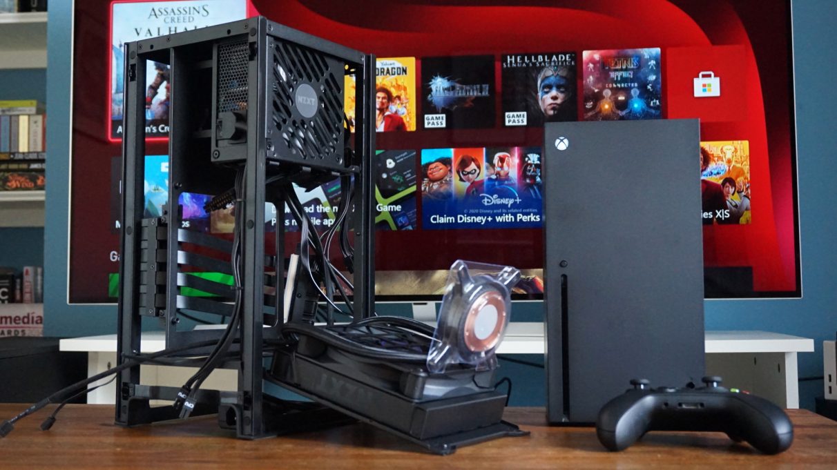 A photo of NZXT's H1 PC case next to the Xbox Series X.