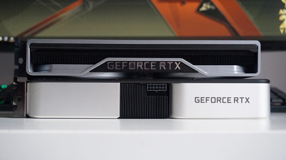 A side-on photo of the Nvidia GeForce RTX 2060 Super stacked on top of the RTX 3060 Ti Founders Edition.