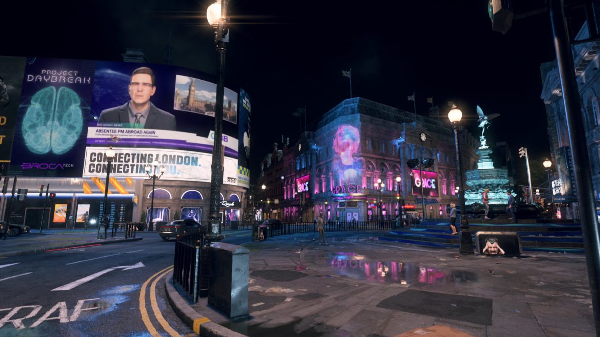 A screenshot of Piccadilly Circus from Watch Dogs Legion with ray tracing enabled.