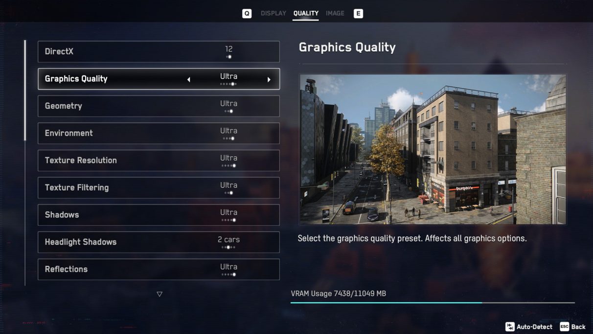 A screenshot of Watch Dogs Legion's graphics settings menu,