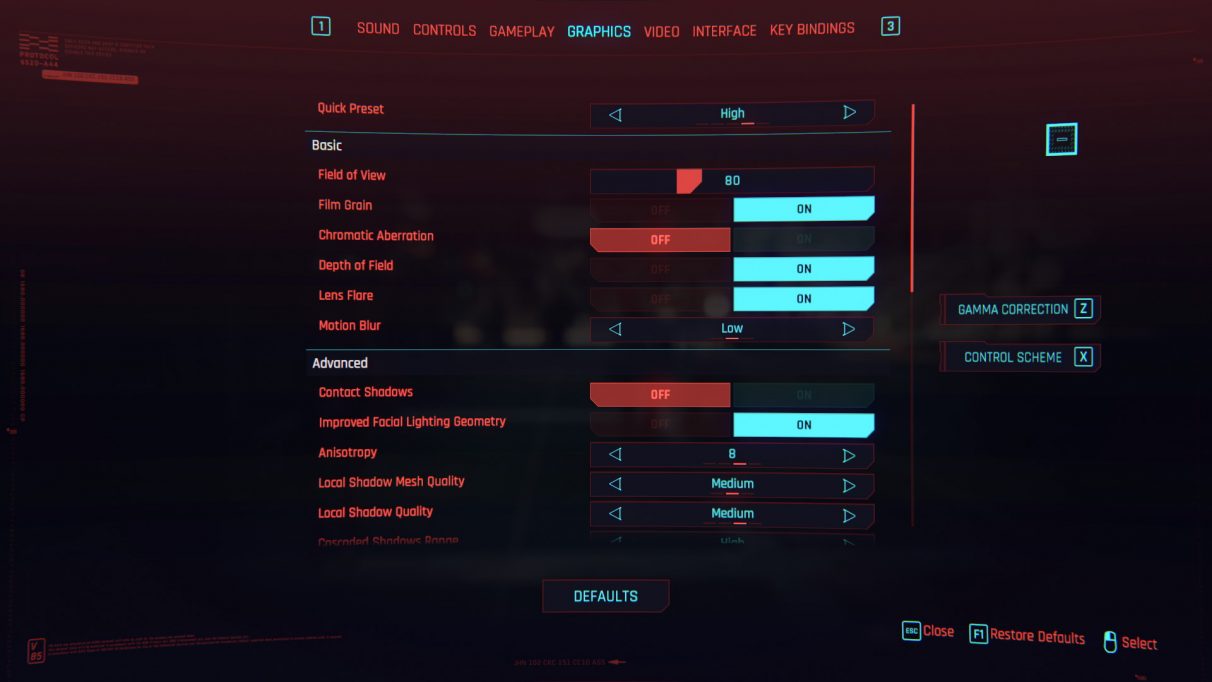 A screenshot of Cyberpunk 2077's graphics settings menu with the High preset selected.