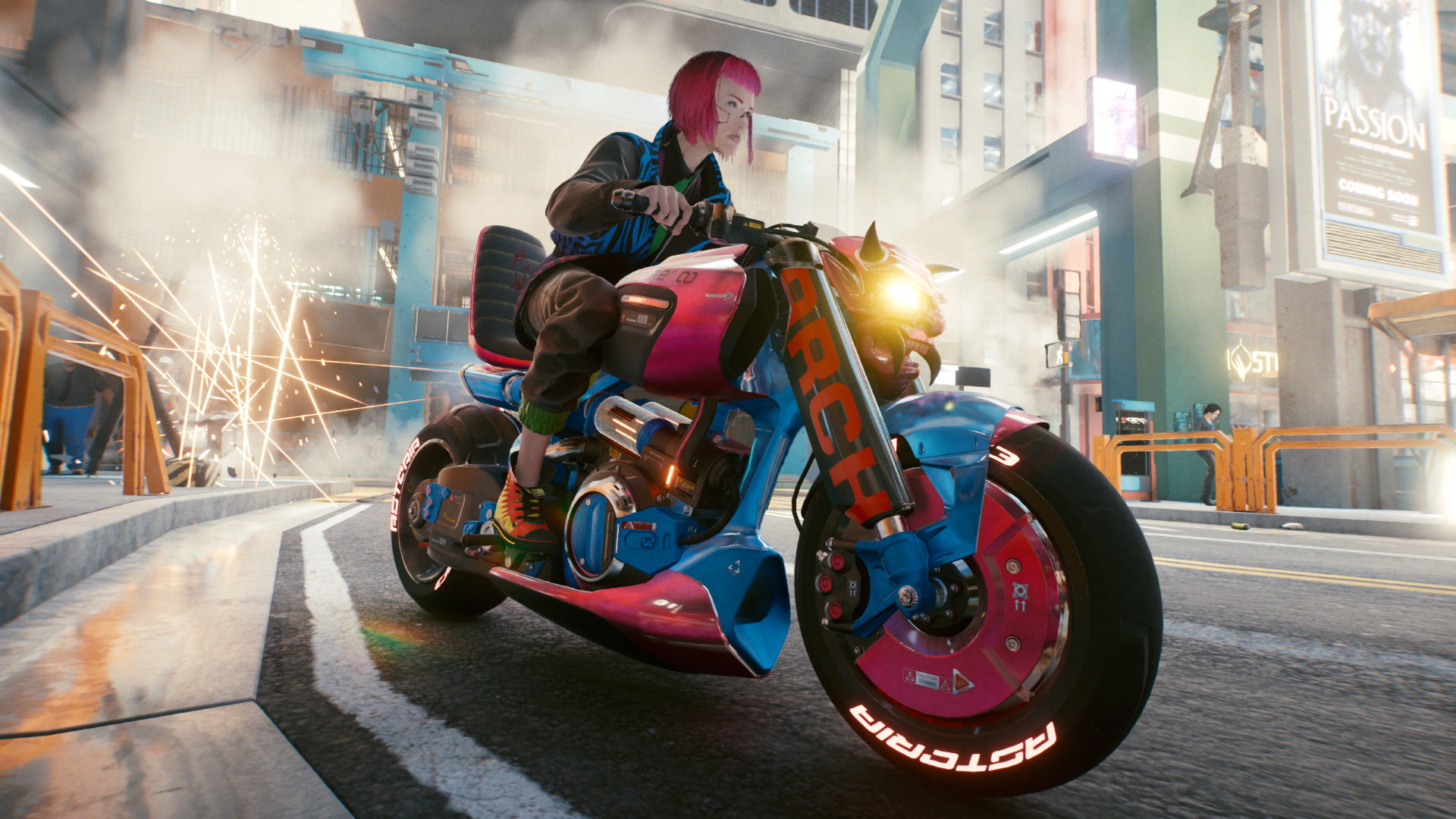 A screenshot of V riding a motorcycle with demon headlights in