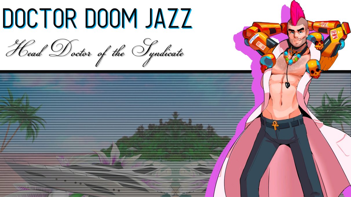 A screenshot of Dr Doom Jazz's introduction sequence in Paradise Killer.