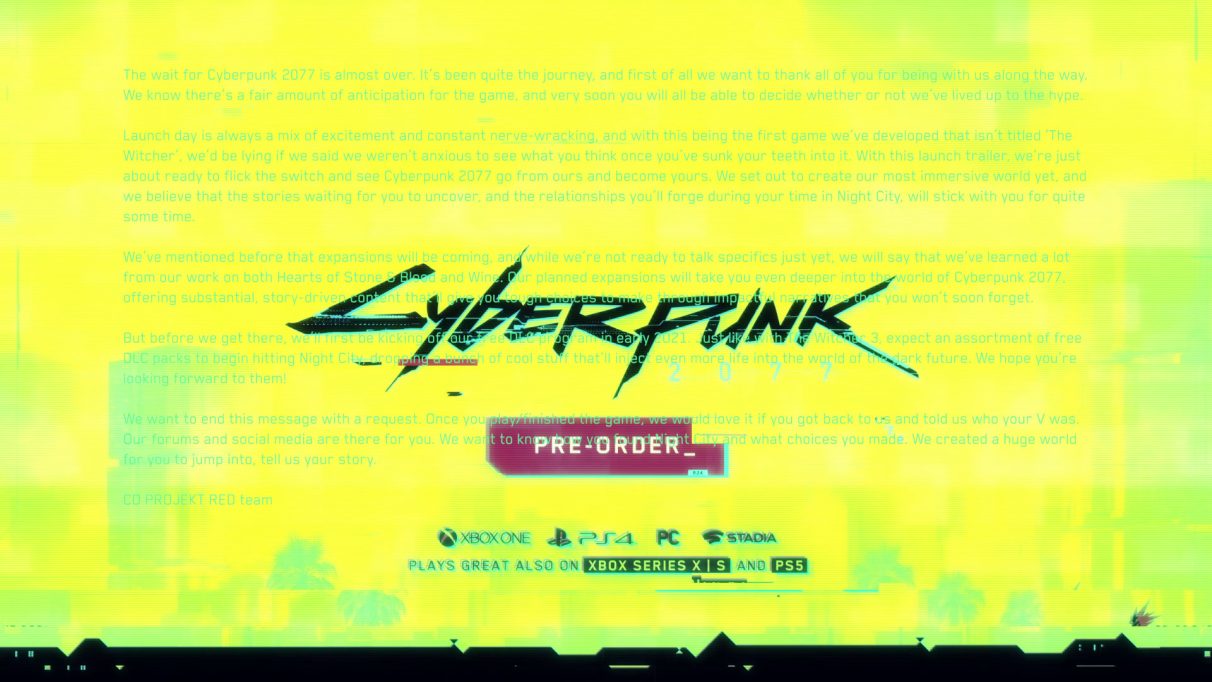 The hidden message in one frame of Cyberpunk 2077's launch trailer.