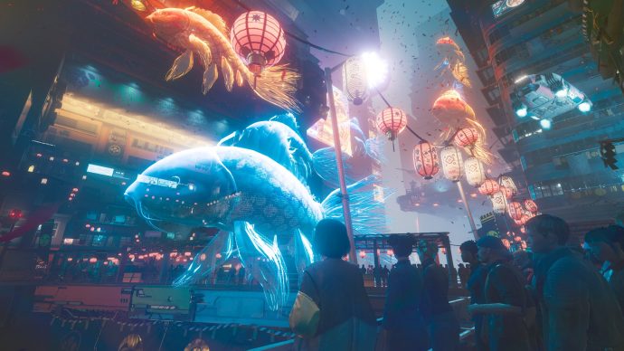 A screenshot of a parade in Cyberpunk 2077 with holographic projections of fish.