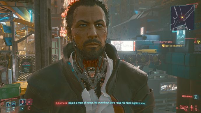 A screenshot of Takemura in Cyberpunk 2077, in which he is talking to the player.