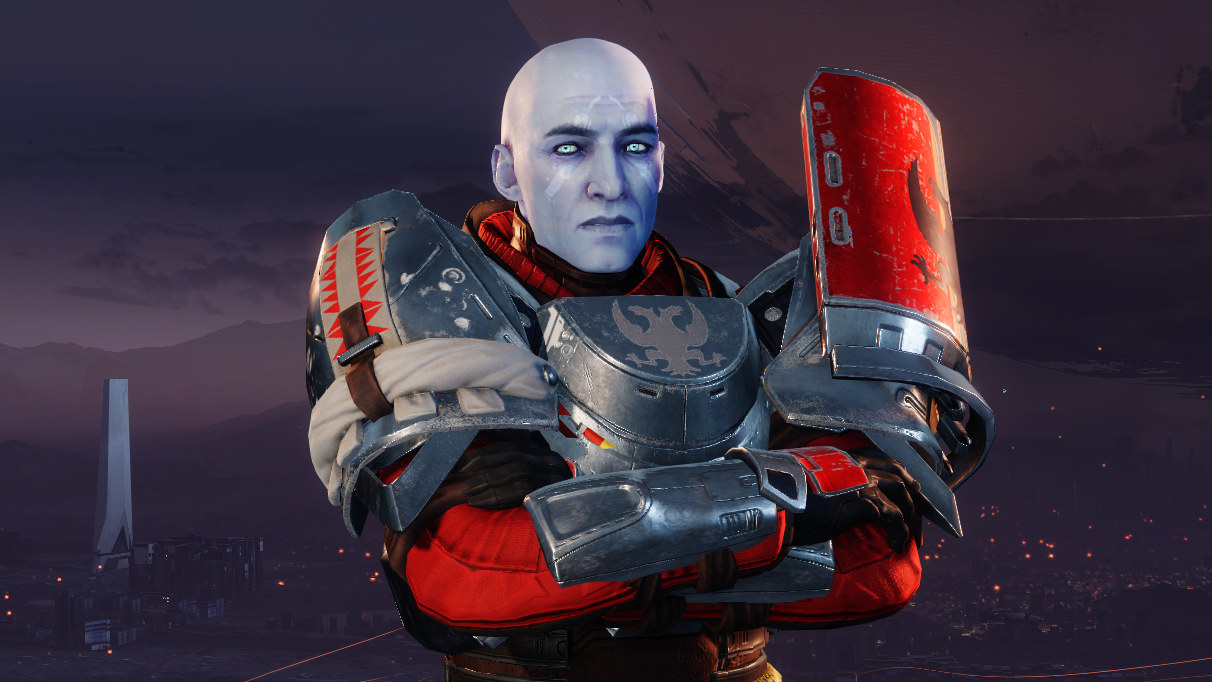 Commander Zavala poses in front of the Traveller in a Destiny 2 screnshot. 