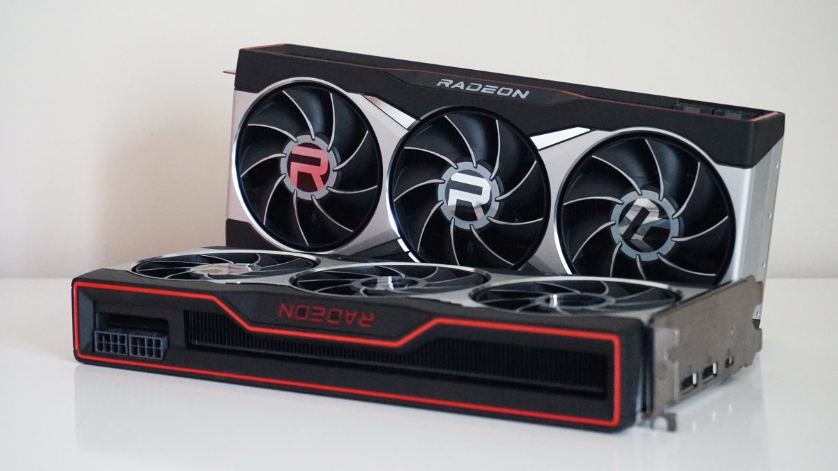 A photo of the AMD Radeon RX 6800 XT behind the RX 6800.