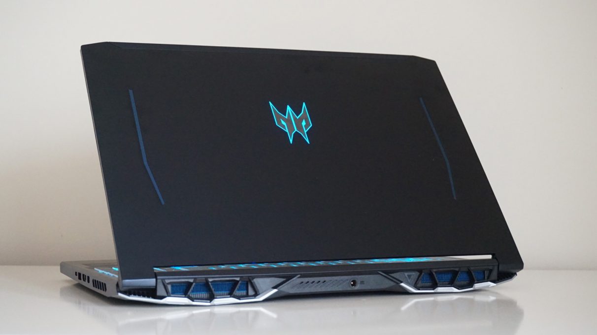 A photo showing the rear design of the Acer Predator Helios 300 gaming laptop.