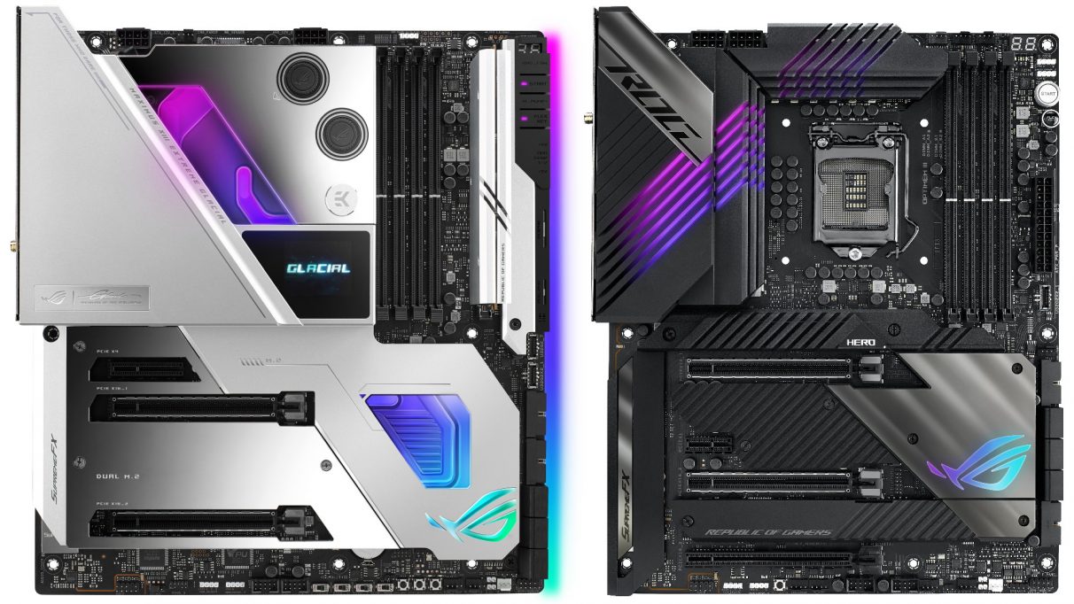 Asus' ROG Maximus XIII Extreme Glacial Z590 motherboard next to their non-Glacial Maximus XIII Extreme motherboard.