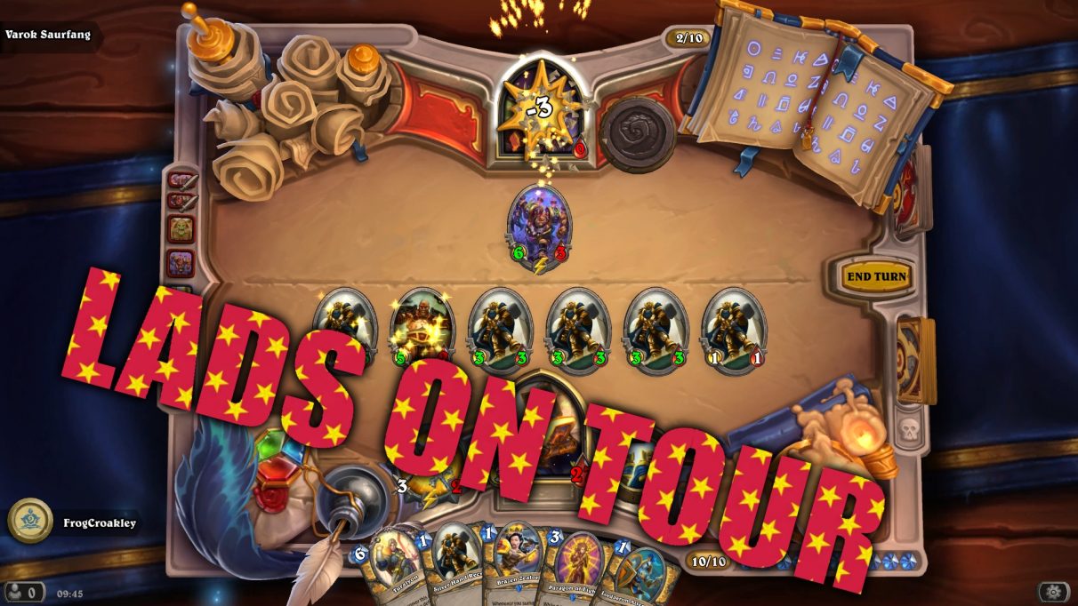 A line of silver hand recruits smashes an enemy to pieces in a game of Hearthstone, with a big caption saying LADS ON TOUR.